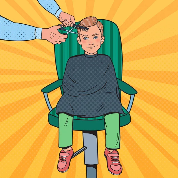 Pop Art Junge bekommt einen Haarschnitt. Kind im Friseurladen. Friseur schneidet Kinderhaare. Vektorillustration — Stockvektor