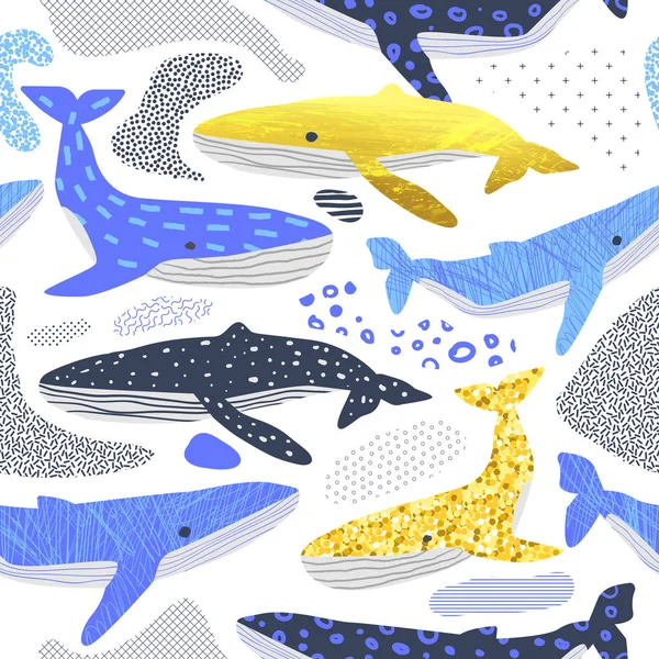 Lindo patrón de ballenas sin costura. Infantil fondo marino con elementos abstractos. Bebé Freehand Doodle para textiles de tela, Papel pintado, Envoltura. Ilustración vectorial — Archivo Imágenes Vectoriales