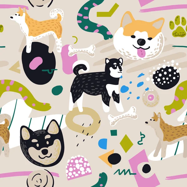 Söta hundar sömlösa mönster. Barnslig bakgrund med Akita Inu och abstrakta element. Baby Freehand Doodle för tyg textil, tapeter, presentpapper. Vektorillustration — Stock vektor