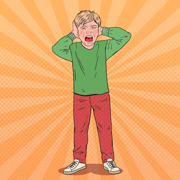 Pop Art Screaming Boy Tearing his Hair. Aggressive Kid. Emotional Child Facial Expression. Vector illustration — Stock Vector