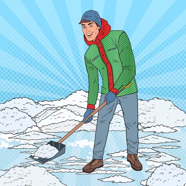 Pop Art Man Limpando a Neve com Pá. Queda de neve de inverno. Ilustração vetorial — Vetor de Stock