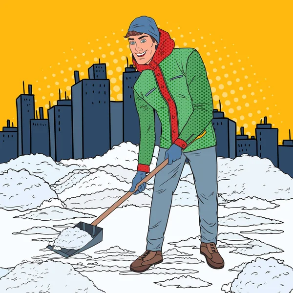 Pop Art Man Clearing neve con pala. Nevicate invernali in città. Illustrazione vettoriale — Vettoriale Stock
