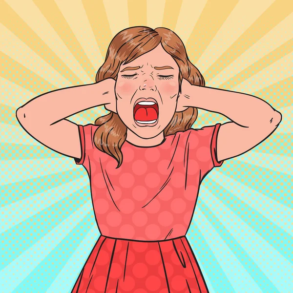 Pop Art Angry Little Girl Gritando. Niña agresiva. Expresión Facial Emocional para Niños. Ilustración vectorial — Archivo Imágenes Vectoriales
