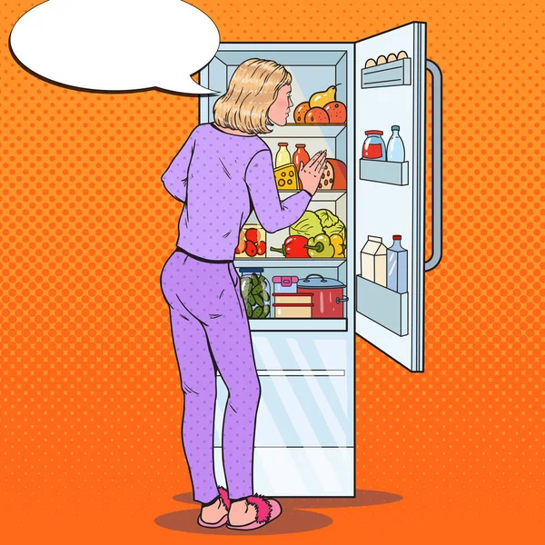 Pop Art Woman Elegir comida del refrigerador. Alimentación saludable, concepto de dieta. Ilustración vectorial — Archivo Imágenes Vectoriales