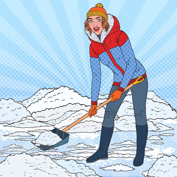 Pop Art hezká žena odklízení sněhu s lopatou. Zimní sněžení. Vektorové ilustrace — Stockový vektor