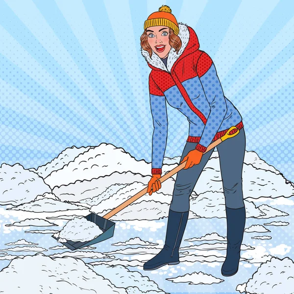 Pop Art Pretty Woman Limpando a Neve com Pá. Queda de neve de inverno. Ilustração vetorial — Vetor de Stock