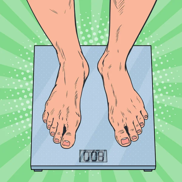 Pop Art Male Feet on Weighing Scales. Seorang pria mengukur berat badan. Ilustrasi vektor - Stok Vektor