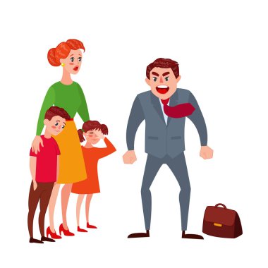 Eşi ve çocukları, öfkeli baba Yelling. Aile kavgası sorunları anne. Kızgın adam bağırmaya çocuklar üzerinde. Vektör çizim