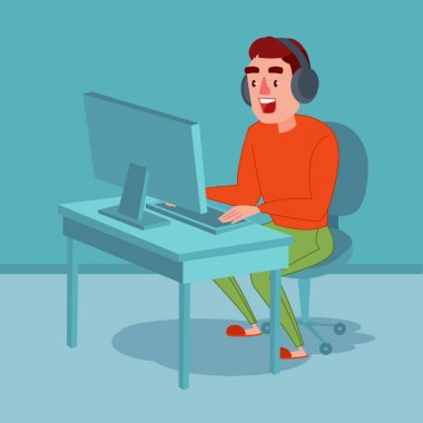 Bilgisayar oyunu oynamak kulaklık ile mutlu genç adam. Adam oyun. Online akarsu. Vektör çizim