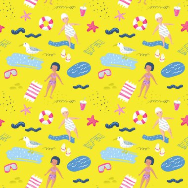 Çocuklar, kabukları ve kuşlar çocukça yaz plaj tatil Seamless modeli. Kumaş, dekorasyonu, duvar kağıdı, kağıt ambalaj için şirin arka plan. Vektör çizim
