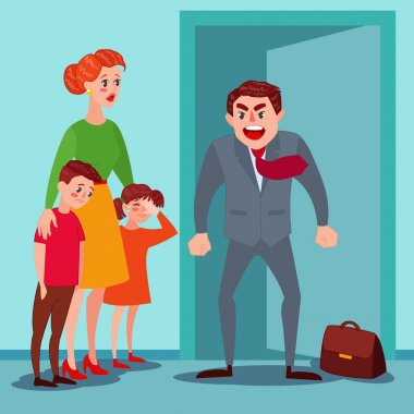 Eşi ve çocukları, öfkeli baba Yelling. Aile kavgası sorunları anne. Çocuklara bağıran adam. Vektör çizim