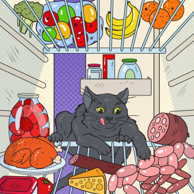 Pop Art kedi buzdolabı gıdalardan çaldı. Buzdolabı aç evde beslenen hayvan. Vektör çizim