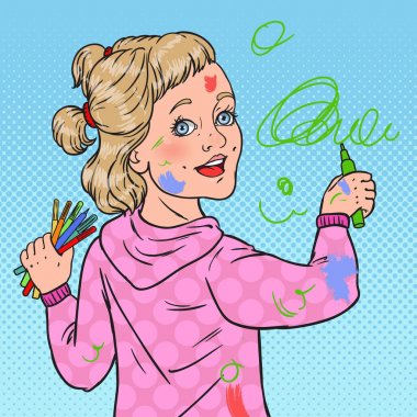 Pop Art küçük ressam resim duvarda. Boya kalemi ile kız çizim duvar kağıdı. Mutlu çocukluk. Vektör çizim