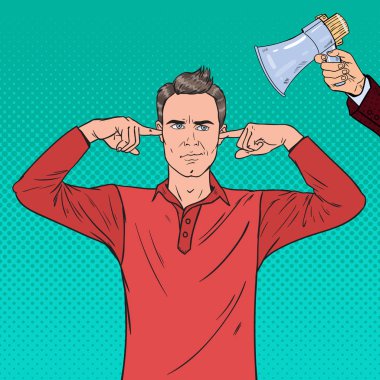 Pop Art dostum sinirli kulakları megafon parmak ile kapalı. Cehalet kavramı. Vektör çizim
