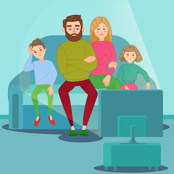 Aburrida familia viendo la televisión. Adicción a la televisión. Padres infelices con niños sentados en un sofá detrás de un televisor. Ilustración vectorial — Vector de stock