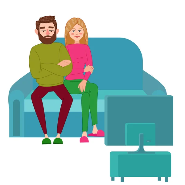 Pareja infeliz viendo la tele. Adicción a la televisión. Maridos cansados sentados en un sofá detrás de un televisor. Ilustración vectorial — Archivo Imágenes Vectoriales