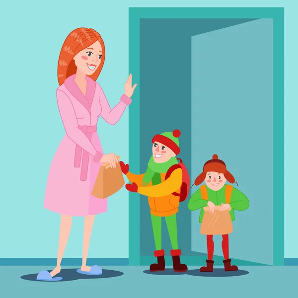 Madre felice prepara i suoi figli per la scuola. Mamma dei cartoni animati che dà il pranzo al ragazzo. Illustrazione vettoriale — Vettoriale Stock