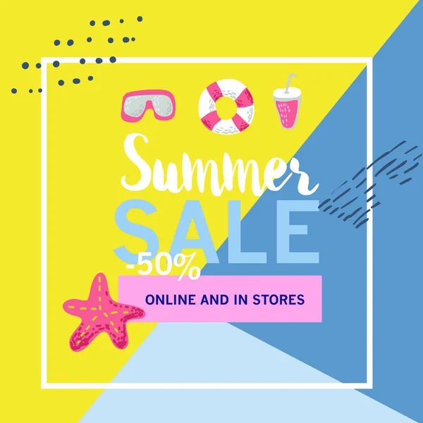 Summer Sale Banner with Beach Elements. Discount Poster Template. Hand Drawn Promotional Design for Flyer, Cover, Placard. Vector illustration — Stock Vector