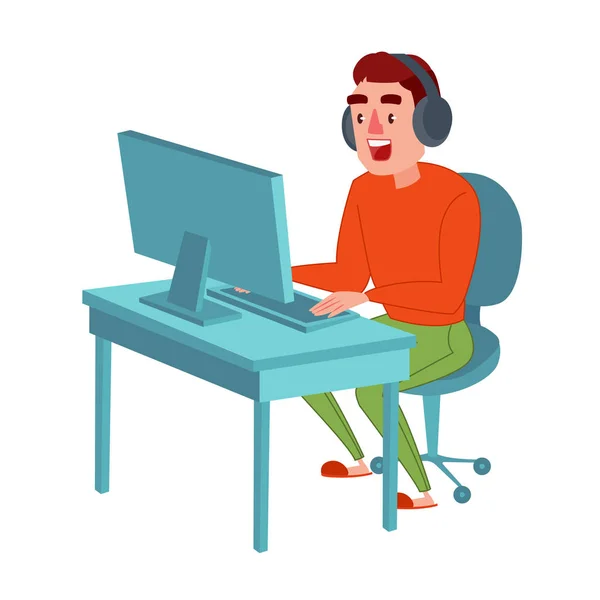 Happy Young Man with Headphones Playing Computer Game. Guy Gamer. Online Streaming. Vector illustration — Stock Vector