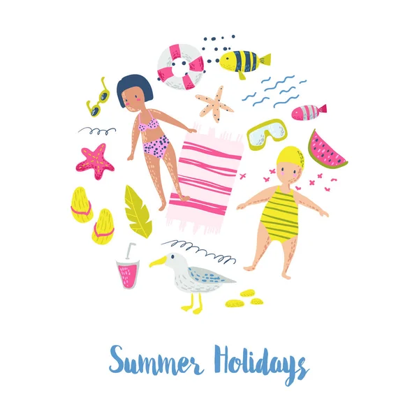 Cartão infantil de férias na praia de verão com crianças, peixes e pássaros. Fundo bonito com criaturas do mar para decoração, saudações, cartão postal, pôster. Ilustração vetorial — Vetor de Stock