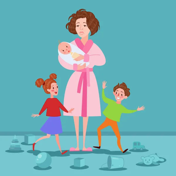 Madre esausta con neonati e bambini. Stanco Cartoon Woman e Romping Kids. Concetto di maternità. Illustrazione vettoriale — Vettoriale Stock