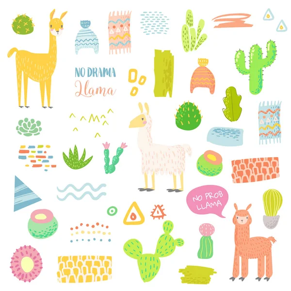 Juego de Elementos Infantiles Llamas con Cactus y Alpacas. Lamas dibujadas a mano para textiles de tela, papel de envolver, decoración, invitaciones para niños. Ilustración vectorial — Archivo Imágenes Vectoriales