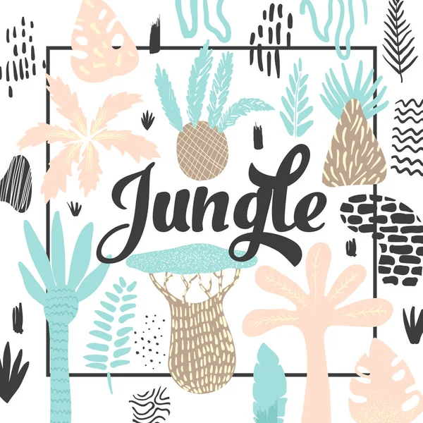 Jungle Tropical Design em estilo infantil. Fundo floral com árvores exóticas e elementos abstratos. Ilustração vetorial — Vetor de Stock