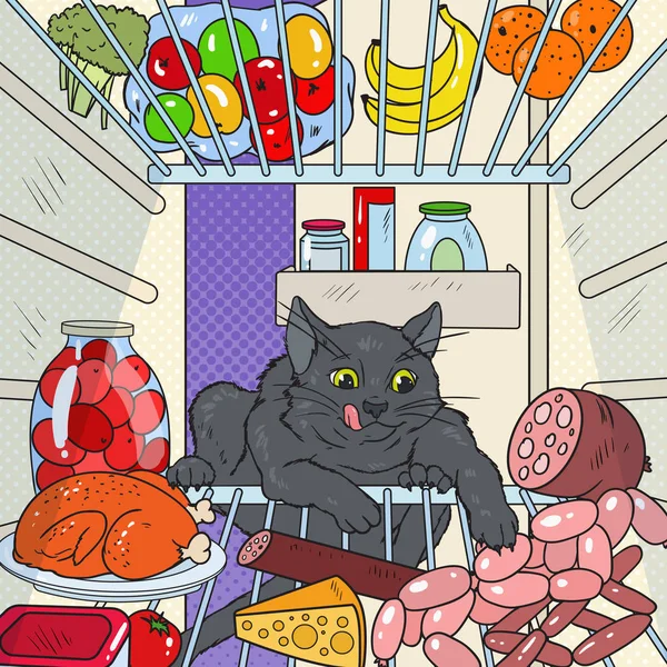 Поп-арт кот крадет еду из холодильника. Голодное животное в холодильнике. Векторная иллюстрация — стоковый вектор