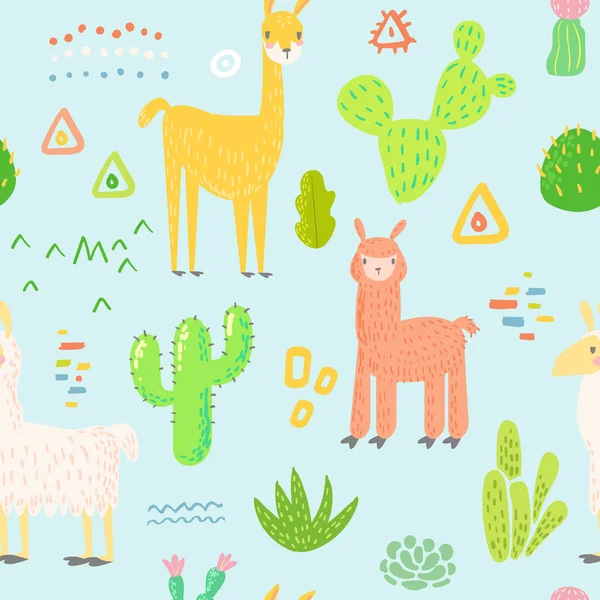 Lamas Seamless Pattern. Sfondo infantile disegnato a mano con alpaca e cactus per tessuto tessile, carta da imballaggio, decorazione. Illustrazione vettoriale — Vettoriale Stock