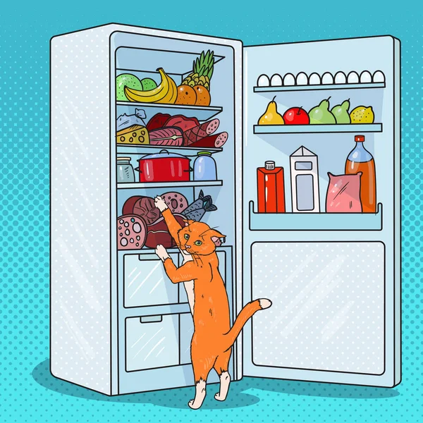Pop Art Cat roba comida del refrigerador. Mascota hambrienta en nevera. Ilustración vectorial — Archivo Imágenes Vectoriales