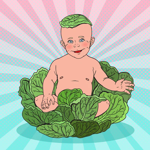 Pop Art χαριτωμένο μωρό νεογέννητο στο λάχανο. Χαμογελώντας μικρό παιδί. Εικονογράφηση διάνυσμα — Διανυσματικό Αρχείο