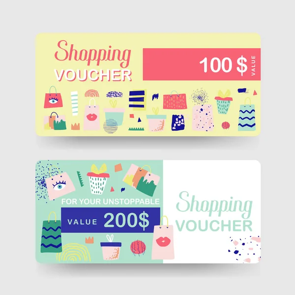 Plantillas de vales de regalo. Tarjeta de cupón de descuento certificado con bolsas de compras y elementos de moda. Promoción de Venta, Banner, Flyer, Diseño Web. Ilustración vectorial — Archivo Imágenes Vectoriales