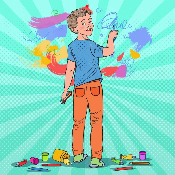 Pop Art Criativa Boy Desenho na Parede. Joyful Child Pintura com lápis de cor sobre papel de parede. Ilustração vetorial — Vetor de Stock