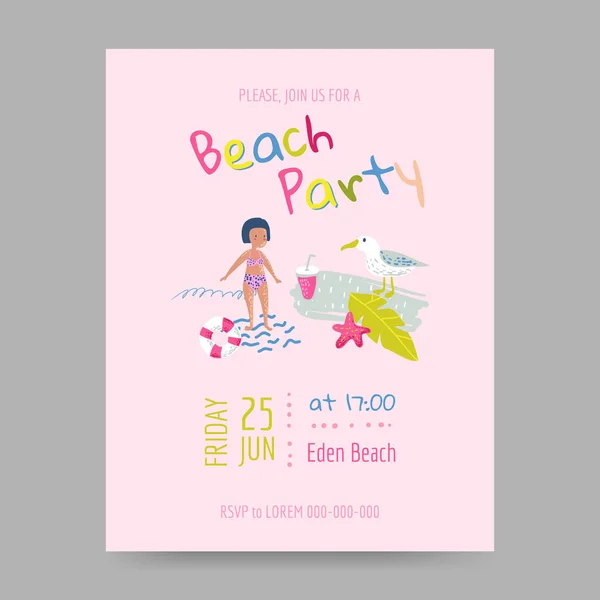 Παραλία το καλοκαίρι κάρτα με τα παιδιά και τα πλάσματα της θάλασσας. Χαρούμενα γενέθλια κόμμα καλοκαίρι πρόσκληση για γιορτή για τα παιδιά, ντους μωρών. Εικονογράφηση διάνυσμα — Διανυσματικό Αρχείο