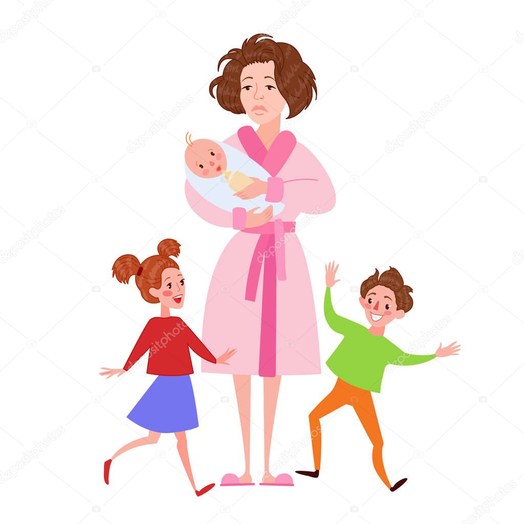 Desperate Mother with Newborn and Children. Tired Cartoon Woman and Romping Kids. Motherhood Concept. Vector illustration