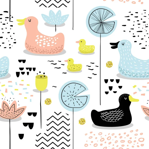 Patrón infantil sin costura con patos lindos. Fondo del bebé con pájaros para la decoración, Papel pintado, Tela. Ilustración vectorial — Vector de stock