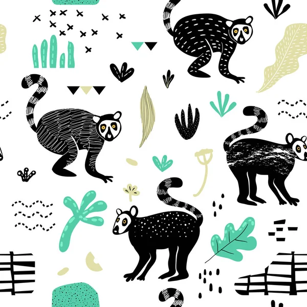 Seamless Pattern with Cute Lemur. Creative Hand Drawn Childish Animal Background for Fabric, Wallpaper, Decoration. Vector illustration — Stock Vector