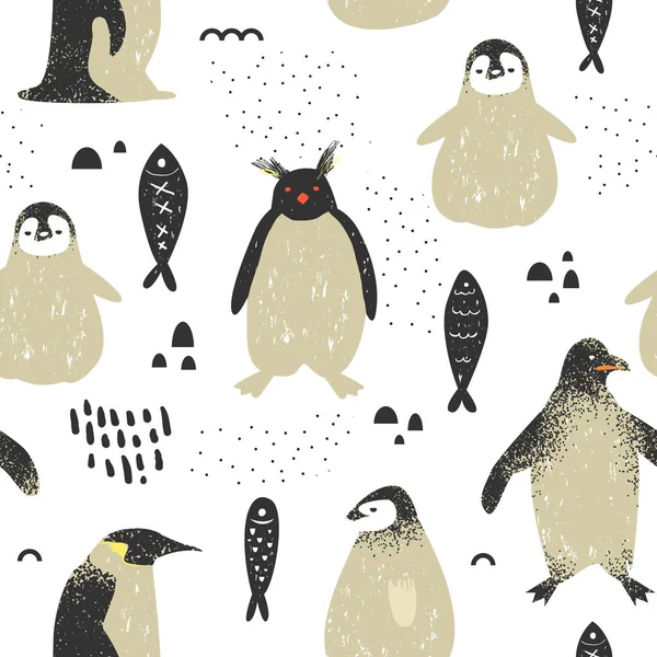 Sevimli penguenler ile bebek duş Seamless modeli. Yaratıcı el çocukça penguen arka plan çekilmiş kumaş, duvar kağıdı, dekorasyon için. Vektör çizim — Stok Vektör