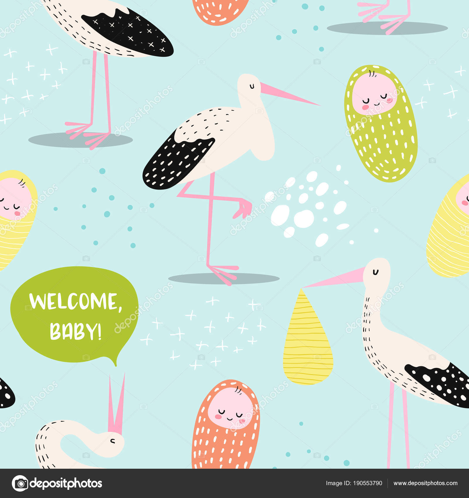 Baby Shower Seamless Pattern With Cute Stork And Newborn