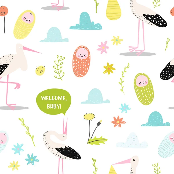 Baby Shower Seamless Pattern with Cute Stork and Newborn Child (dalam bahasa Inggris). Latar Belakang Bayi untuk Dekorasi, Wallpaper, Fabric. Ilustrasi vektor - Stok Vektor