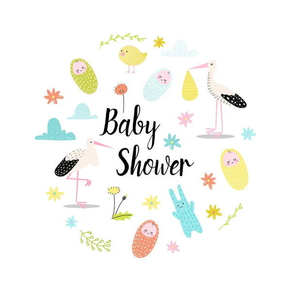 Baby Shower Celebration Invito Card. Buon compleanno sfondo con neonato e simpatici animali. Decorazione disegnata a mano della festa di famiglia. Illustrazione vettoriale — Vettoriale Stock