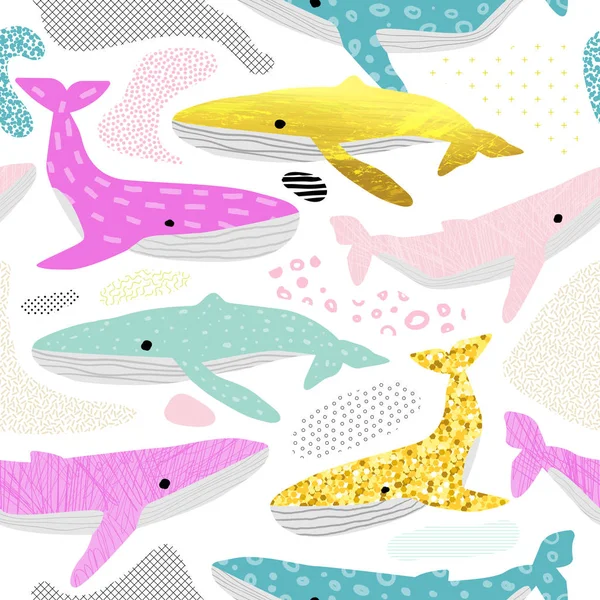 Patrón de ballenas sin costura. Infantil fondo marino con elementos abstractos. Baby Oceanic Doodle para textiles de tela, Papel pintado, Envoltura. Ilustración vectorial — Archivo Imágenes Vectoriales