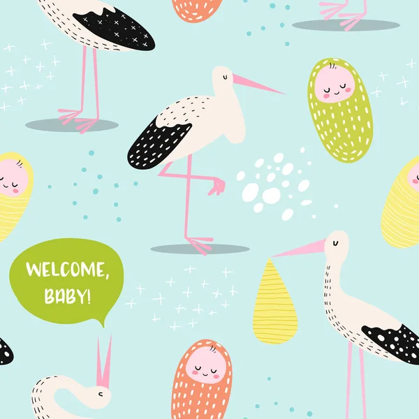 Baby Shower Seamless Pattern with Cute Stork and Newborn Child. Baby Background for Decoration, Wallpaper, Fabric. Vector illustration — Stock Vector