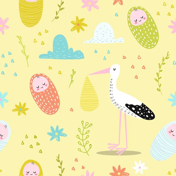Baby Dusjemønster med Søtt Stork og Nyfødt Barn. Barnebakgrunn for utsmykning, tapeter, stoff, gratulasjonskort. Vektorillustrasjon – stockvektor