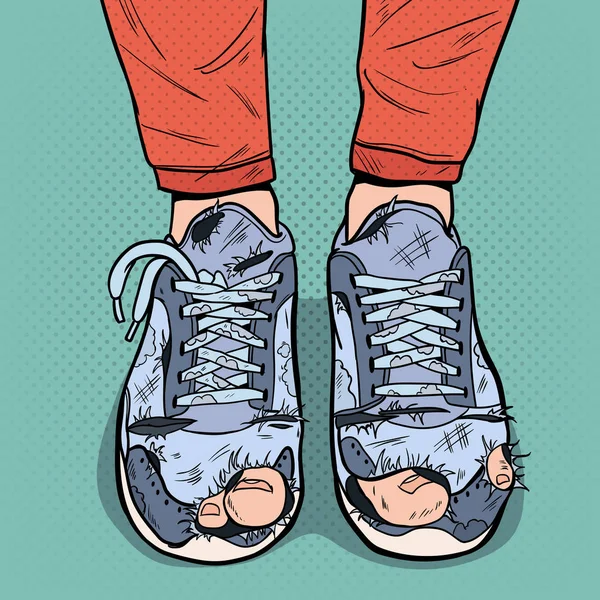 Pop Art Old Sneakers. Dirty Old Shoes. Hipster Wear Damaged Footwear. Vector illustration — Stock Vector