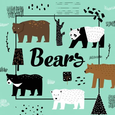 Sevimli Ayılar çizilmiş tasarım ver. Poster, tebrik kartı, Dekorasyon, çocukça yaban hayatı hayvanlar arka planı kapat. Vektör çizim