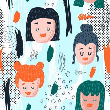 Komik kız yüzleri ile Seamless modeli. Soyut öğeler ile çizilmiş çocukça arka plan el kumaş Tekstil, duvar kağıdı, ambalaj kağıdı, dekorasyon için. Vektör çizim