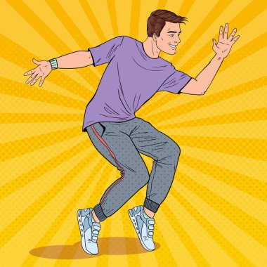 Pop Art yakışıklı genç Hip Hop dansçı. Dans neşeli adam. Vektör çizim