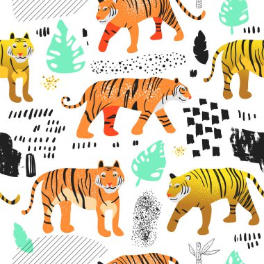 Sevimli kaplan ile Seamless modeli. Çocukça yaban hayatı hayvanlar arka plan kumaş Tekstil, duvar kağıdı, ambalaj kağıdı, dekorasyon için. Vektör çizim