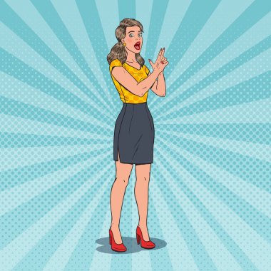 Pop Art kadın parmak silahla poz güzel. Neşeli kız. Vektör çizim